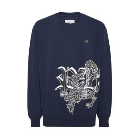Philipp Plein navy sweatshirt featuring a white dragon graphic and logo, crafted from a soft cotton blend, available at Lestyle Boutique Melbourne.