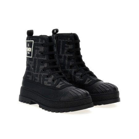 Fendi Roma ankle boots in black and grey featuring FF monogram canvas, available at Lestyle Boutique Melbourne.