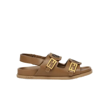 Fendi Junior Sandals in tobacco brown with iconic FF logo and gold-tone buckles, available at Lestyle Boutique Melbourne.