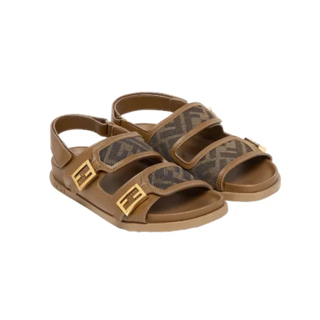 Fendi Junior Sandals in tobacco brown with iconic FF logo and gold-tone buckles, available at Lestyle Boutique Melbourne.