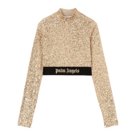 Palm Angels gold sequin-design long-sleeve top with logo underband, available at Lestyle Boutique Melbourne.