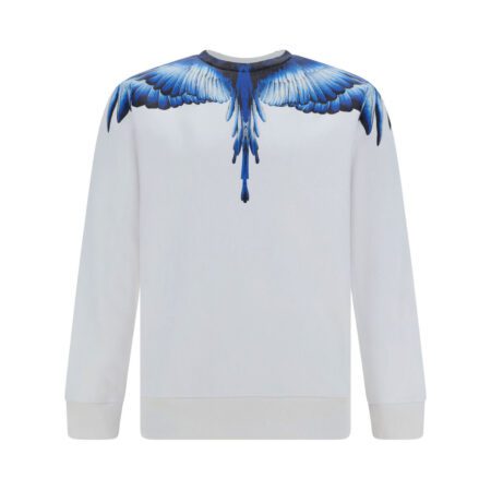 Marcelo Burlon County of Milan white sweatshirt featuring a blue wings graphic, crafted from soft cotton, available at Lestyle Boutique Melbourne.
