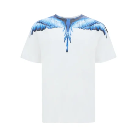 Marcelo Burlon County of Milan Wings T-shirt with a bold blue wings print on a white background, designed with a crew neck and short sleeves for casual and stylish wear, available at Lestyle Boutique Melbourne.