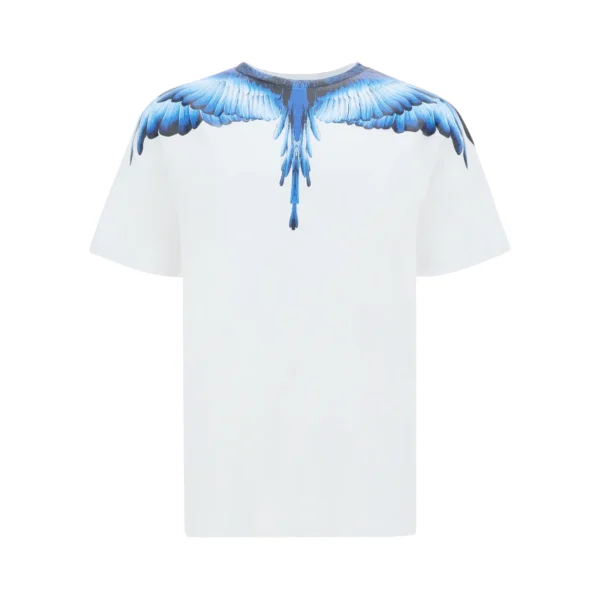 Marcelo Burlon County of Milan Wings T shirt with a bold blue wings print on a white background designed with a crew neck and short sleeves for casual and stylish wear available at Lestyle Boutique Melbourne