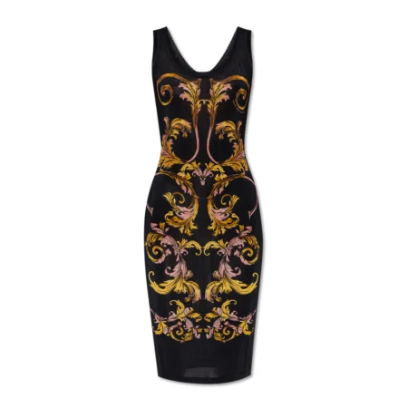 Versace Jeans Couture Black Dress featuring the Outline Barocco print in vibrant hues, designed with a fitted silhouette and elegant neckline, available at Lestyle Boutique.