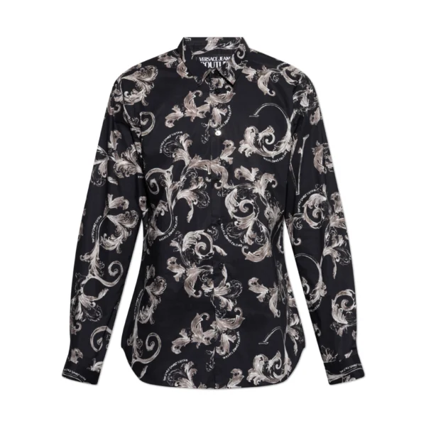 Versace Jeans Couture Black Shirt featuring an elegant Barocco pattern in white and grey on a black background perfect for a luxurious and modern look Available now at Lestyle Boutique