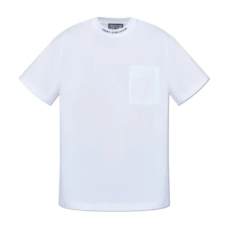 Versace Jeans Couture White Logo Collar T-Shirt, featuring a crewneck with subtle branding and a clean, minimalist chest pocket, crafted for everyday luxury, available at Lestyle Boutique.