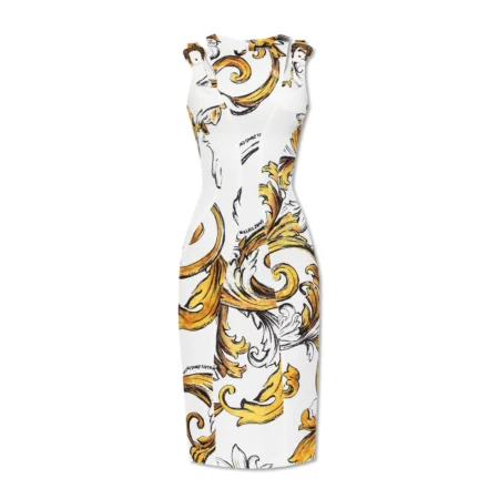 Versace Jeans Couture White Dress with Outline Barocco Print, featuring bold patterns and gold accents, available at Lestyle Boutique.