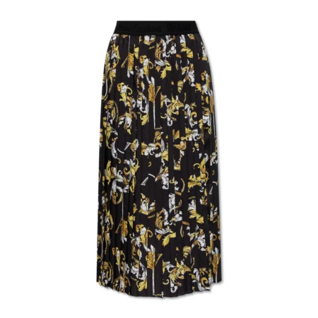 Versace Jeans Couture Black Pleated Skirt adorned with a stunning Outline Barocco print, showcasing timeless elegance and modern style, available at Lestyle Boutique.