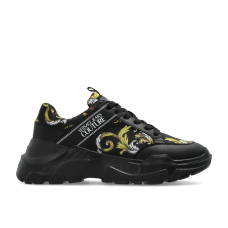 Versace Jeans Couture Fondo Speedtrack Sneakers in black with gold Barocco detailing, featuring a modern chunky sole and premium craftsmanship, available at Lestyle Boutique.
