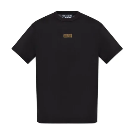 Versace Jeans Couture Metal Logo Plaque T-Shirt in black, featuring a crewneck design and signature metal logo plaque detail, combining comfort with designer aesthetics, available at Lestyle Boutique.