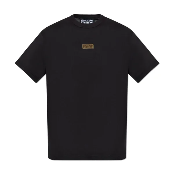 Versace Jeans Couture Metal Logo Plaque T Shirt in black featuring a crewneck design and signature metal logo plaque detail combining comfort with designer aesthetics available at Lestyle Boutique