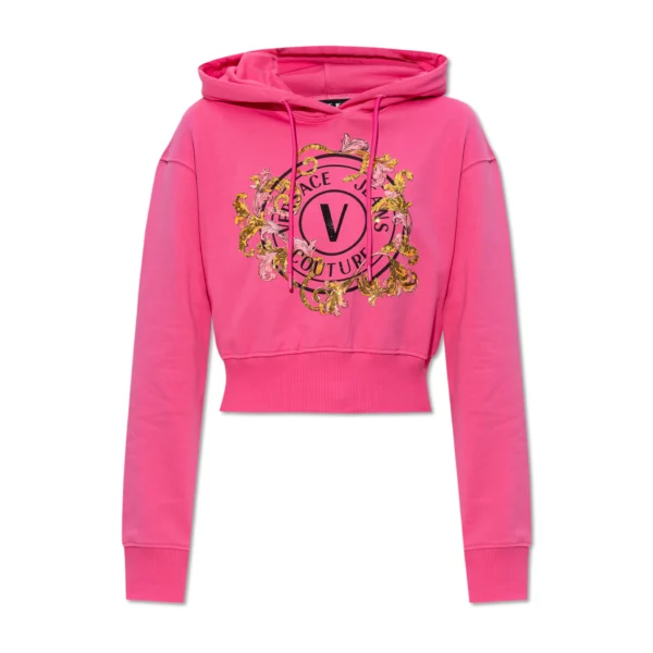 Versace Jeans Couture Pink Sweatshirt featuring a bold V logo print with gold sequins and floral details available at Lestyle Boutique