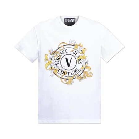 Versace Jeans Couture V-Emblem Printed Logo T-Shirt in white and gold, showcasing an intricate Barocco print surrounding the signature V-Emblem logo. A must-have luxury staple, available at Lestyle Boutique.