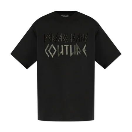 Versace Jeans Couture black T-shirt featuring an embroidered metallic logo, short sleeves, and a classic crew neck, available at Lestyle Boutique.