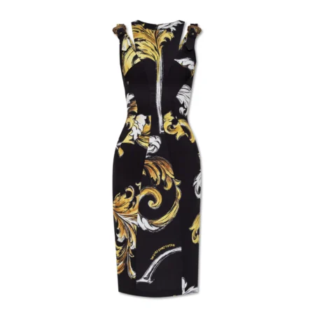 Versace Jeans Couture Black Dress with Outline Barocco Print, featuring a sleek design and luxurious baroque detailing, available at Lestyle Boutique.