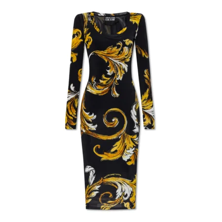 Versace Jeans Couture Black Midi Dress featuring an Outline Barocco print with long sleeves and a round neckline, available at Lestyle Boutique.