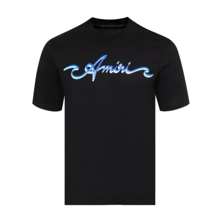 A black cotton t-shirt by AMIRI, available at Lestyle Boutique. Featuring a wave-inspired logo graphic on the chest, this tee offers a stylish and comfortable fit for casual wear.