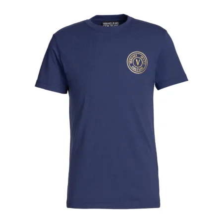 Versace Jeans Couture Logo-Print T-Shirt in navy blue, featuring a slim fit design, crewneck, and iconic brand emblem at the front. A must-have staple, available at Lestyle Boutique.