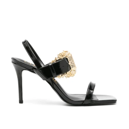 Versace Jeans Couture Emily 95mm Slingback Sandals in black, featuring a Baroque buckle detail and glossy patent finish. Elegant and perfect for evening looks, available at Lestyle Boutique.