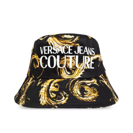 Versace Jeans Couture Black Bucket Hat featuring the iconic Barocco print in gold with a bold logo, offering a chic and modern accessory for elevated casual looks, available at Lestyle Boutique.
