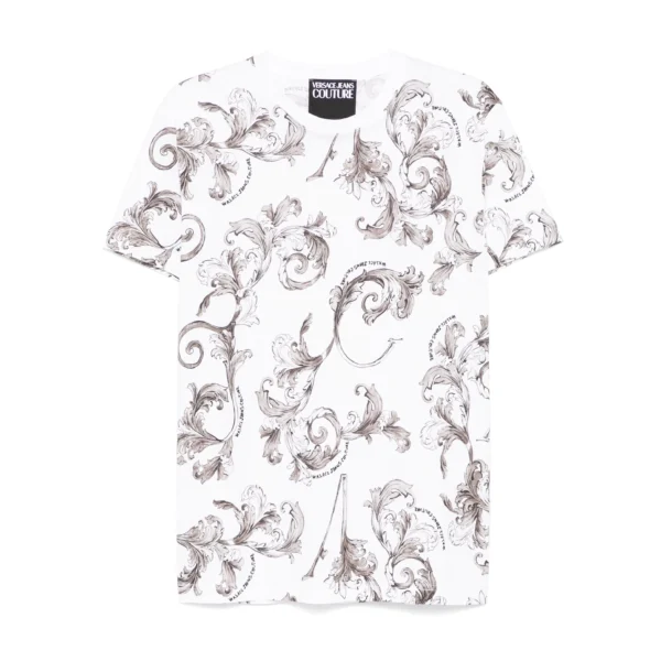 Versace Jeans Couture Barocco Print T Shirt in white showcasing an iconic all over Barocco design with a crewneck and straight hem crafted for comfort and style available at Lestyle Boutique