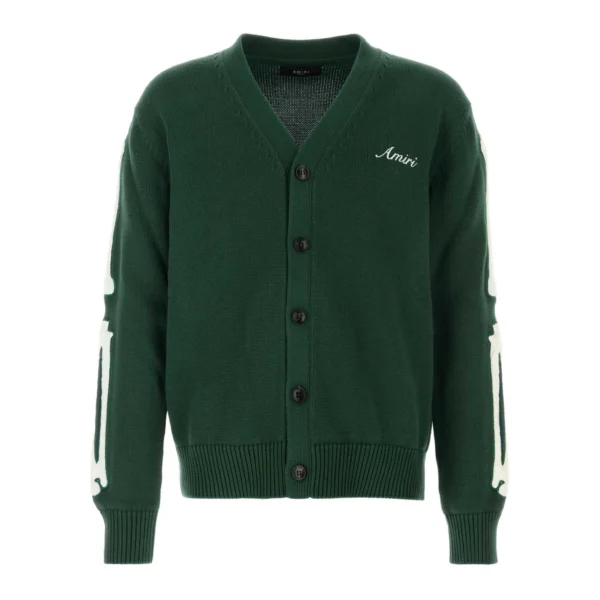 A forest green cotton cardigan by AMIRI available at Lestyle Boutique This cardigan features bone embroidery on the sleeves a V neck front button fastening and ribbed detailing for a stylish and contemporary look