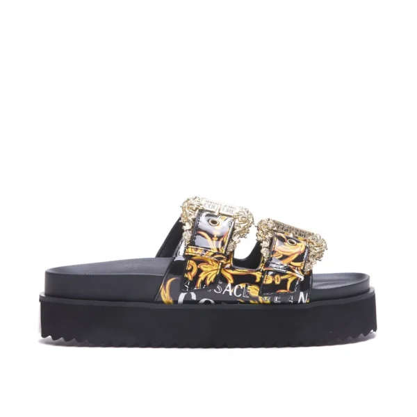 Versace Jeans Couture Thick Sole Slippers featuring a signature Baroque print adjustable straps and a durable rubber sole ideal for casual and fashion forward styling available at Lestyle Boutique