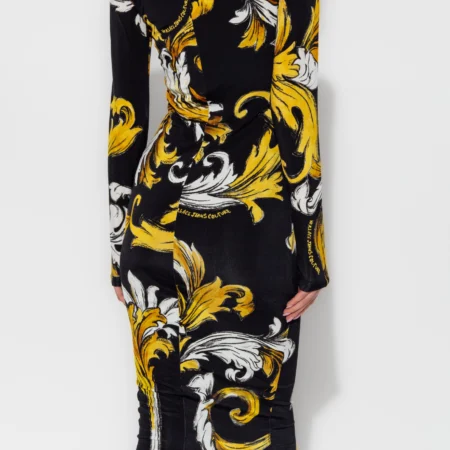 Versace Jeans Couture Black Midi Dress featuring an Outline Barocco print with long sleeves and a round neckline, available at Lestyle Boutique.