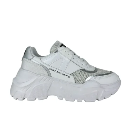 Versace Jeans Couture Women's White Sneakers featuring silver accents, a chunky sole, and breathable mesh inserts, ideal for modern streetwear looks, available at Lestyle Boutique.