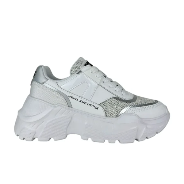 Versace Jeans Couture Womens White Sneakers featuring silver accents a chunky sole and breathable mesh inserts ideal for modern streetwear looks available at Lestyle Boutique