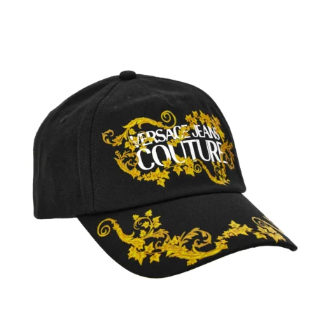 Versace Jeans Couture Black Hat with golden Barocco motif and logo lettering, crafted from 100% cotton for a casual yet luxurious look, available at Lestyle Boutique.