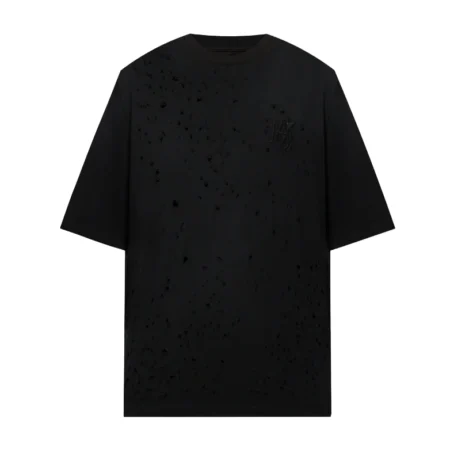 A black cotton t-shirt by AMIRI, available at Lestyle Boutique. Featuring a distressed vintage shotgun effect and tonal embroidered logo, this tee combines bold aesthetics with comfort.