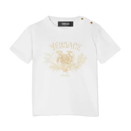 VERSACE UNIVERSITY CORAL BABY T-SHIRT in white, featuring a varsity-inspired crest design with aquatic details, available at Lestyle Boutique.