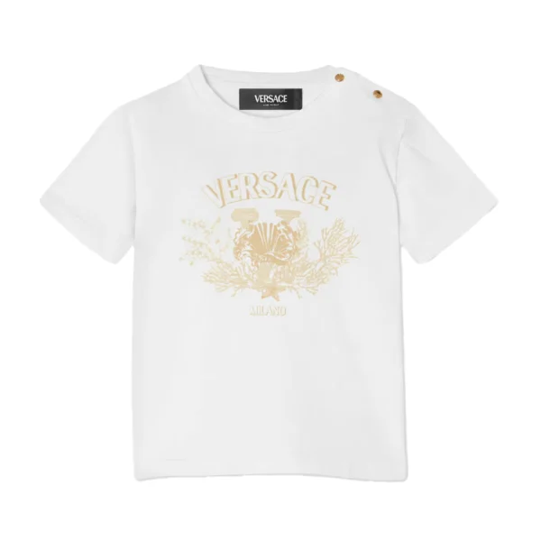 VERSACE UNIVERSITY CORAL BABY T SHIRT in white featuring a varsity inspired crest design with aquatic details available at Lestyle Boutique
