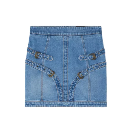 Versace Jeans Couture Blue Denim Mini Skirt with Baroque Buckle hardware and top-stitching details, designed for a chic and modern style, available at Lestyle Boutique.
