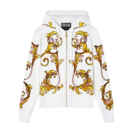 Versace Jeans Couture White Barocco-Printed Hoodie showcasing the iconic Barocco motif in yellow and orange tones, a statement piece that blends luxury and streetwear, available at Lestyle Boutique.