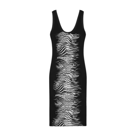 Versace Jeans Couture Zebra Slip Midi Dress in Black featuring an all-over zebra print and logo details, available at Lestyle Boutique.