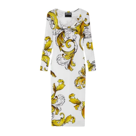 Versace Jeans Couture White Midi Dress with Outline Barocco print, long sleeves, and a round neckline, available at Lestyle Boutique.