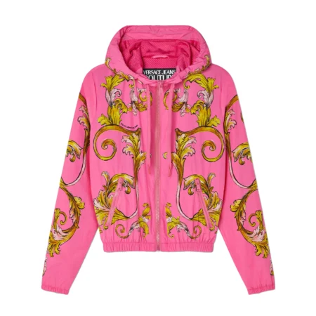 Versace Jeans Couture Outline Barocco Windbreaker Jacket in Pink featuring the iconic Barocco print, available at Lestyle Boutique.