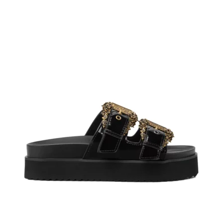 Versace Jeans Couture Baroque Buckle Arizona Sandals in sleek black, featuring signature Baroque buckles and a comfortable platform design, available at Lestyle Boutique.