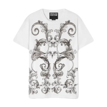 Versace Jeans Couture Outline Barocco Slim-Fit T-Shirt in white and grey, featuring a bold Barocco print, crewneck, and premium cotton fabric, available at Lestyle Boutique.