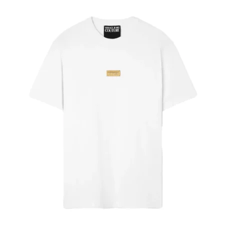 Versace Jeans Couture Metal Logo Plaque T-Shirt in white, featuring a crewneck silhouette and signature metal logo plaque, blending casual elegance with designer appeal, available at Lestyle Boutique.