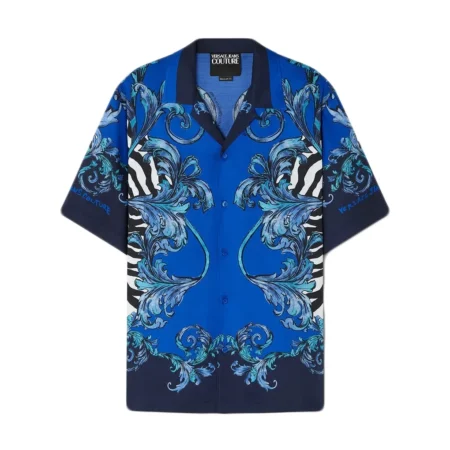 Versace Jeans Couture Zebra Regular-Fit Shirt in blue with striking zebra and Barocco prints, featuring a notched collar and button-down front, crafted from lightweight viscose—available at Lestyle Boutique.