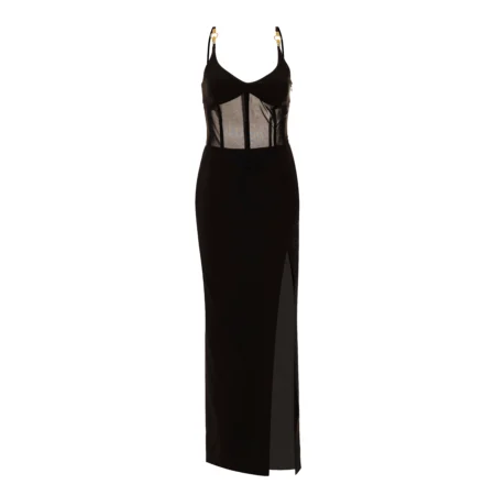 Just Cavalli Long Corset Dress in Black with a fitted corset bodice and a thigh-high slit, available at Lestyle Boutique.
