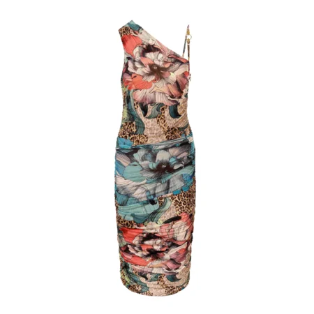 Just Cavalli Midi Organza Dress in Multicolor Scuro featuring a vibrant floral print and asymmetric design, available at Lestyle Boutique.