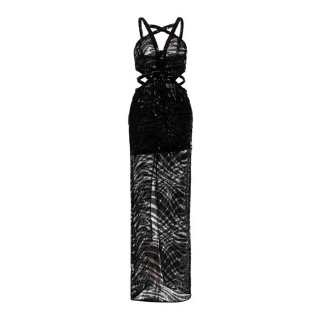 Just Cavalli Long Lace Tiger Dress in Black with shimmering pizzo paillettes and tiger lace design, available at Lestyle Boutique.