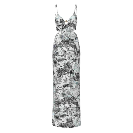 Just Cavalli Long Element Dress Raso VI Strange Jungle in Medieval Blue with an exotic print, perfect for summer soirées, available at Lestyle Boutique.