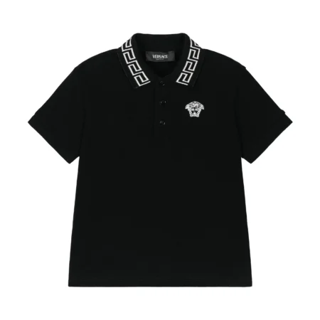 VERSACE BLACK LOGO POLO WITH GRECA COLLAR DETAIL AND MEDUSA KIDS EMBROIDERY, AVAILABLE AT LESTYLE BOUTIQUE MELBOURNE.