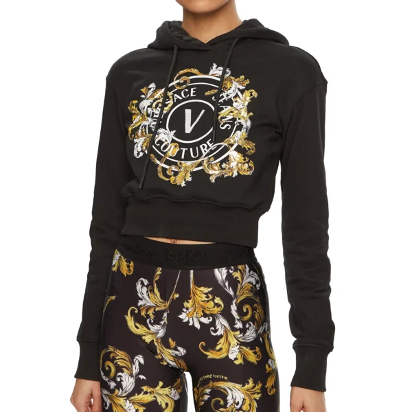 Versace Jeans Couture Black Sweatshirt with baroque V logo print and shimmering sequins ideal for chic streetwear looks available at Lestyle Boutique